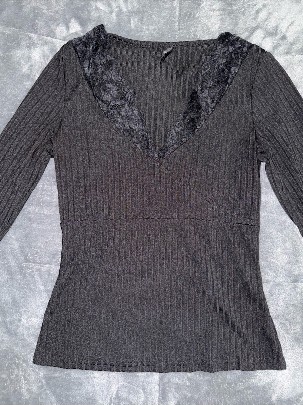 Black Ribbed Lace-Trim V-Neck Top